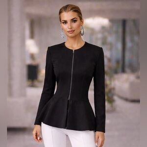 NEW YORK AND COMPANY NWOT Black Peplum Zip Front Blazer Jacket Size L (fits M-L)